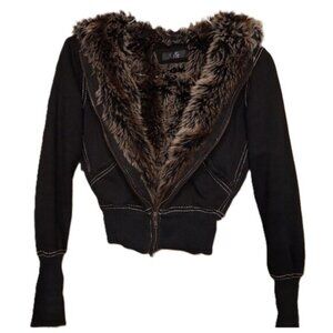 Cello Black Faux Fur Zip Up Hoodie Jacket Coat Sz Small